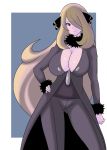  blonde_hair blue_background breasts brown_eyes cleavage coat fur_trim hair_ornament hair_over_one_eye hand_on_hip hands highres hips koutarosu large_breasts long_hair looking_at_viewer pokemon pokemon_(game) pokemon_dppt shirona_(pokemon) smile solo thighs 