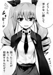  1girl anchovy anzio_school_uniform artist_request black_cape blush breasts cape drill_hair female girls_und_panzer hair_ribbon long_hair long_sleeves looking_at_viewer ribbon school_uniform shirt simple_background solo translation_request twin_drills twintails 
