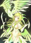  absurdres blush bow breasts cleavage cyg38801 daybreaker_(elsword) elf elsword eyebrows_visible_through_hair familiar green_eyes green_hair hair_ornament highres holding holding_weapon long_hair pointy_ears rena_(elsword) smile weapon 
