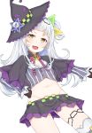 :d absurdres bangs black_capelet black_hat black_skirt blush breasts brown_eyes capelet commentary copyright_request dutch_angle grey_vest groin hair_bun hashiko_nowoto hat hat_ornament head_tilt highres long_hair looking_at_viewer midriff murasaki_shion navel open_mouth pleated_skirt side_bun silver_hair simple_background skirt small_breasts smile solo striped thighhighs tilted_headwear vertical-striped_vest vertical_stripes very_long_hair vest virtual_youtuber white_background white_legwear witch_hat 