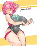  blush breast_hold breasts competition_swimsuit homura_(xenoblade_2) huge_breasts one-piece_swimsuit open_mouth red_eyes red_hair sachito short_hair solo sweat swimsuit xenoblade_(series) xenoblade_2 