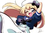  90s blonde_hair blue_eyes blue_sailor_collar choroli_(chorolin) cropped_jacket dress gloves hat jervis_(kantai_collection) kantai_collection long_hair looking_at_viewer one_eye_closed open_mouth parody sailor_collar sailor_dress sailor_hat short_sleeves signature simple_background smile solo style_parody white_background white_gloves white_hat 