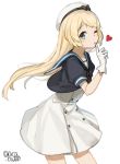  blonde_hair blue_eyes blue_sailor_collar blush buttons closed_mouth commentary_request dress eyebrows_visible_through_hair gloves hat heart index_finger_raised jervis_(kantai_collection) kantai_collection long_dress long_hair looking_at_viewer one_eye_closed sailor_collar sailor_dress sailor_hat simple_background solo twitter_username white_background white_gloves white_hat yamashiki_(orca_buteo) 
