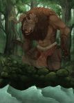  2014 amber_eyes anthro black_lips clothed clothing curved_horn day detailed_background digital_media_(artwork) forest hybrid loincloth male maplespyder open_mouth outside solo standing teeth tongue tree water 