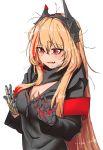  blonde_hair breasts cleavage girls_frontline hands_up long_hair looking_at_hands looking_down m4_sopmod_ii_(girls_frontline) messy_hair open_mouth red_eyes sd_bigpie simple_background sketch solo sopmod sweat upper_body white_background 