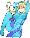  armpits arms_behind_head arms_up bangs blonde_hair blue_bodysuit blue_eyes bodysuit breasts commentary covered_navel cropped_legs enpe eyebrows_visible_through_hair hair_between_eyes hair_tie high_ponytail highres impossible_bodysuit impossible_clothes large_breasts leg_up long_hair looking_at_viewer lying metroid on_back open_mouth parted_lips ponytail samus_aran sidelocks simple_background skin_tight thigh_strap thighs turtleneck white_background zero_suit 