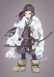  absurdres ainu ainu_clothes arrow asirpa bandana black_eyes black_hair boots bow_(weapon) cape character_name dagger earrings full_body fur_boots fur_cape golden_kamuy highres hoop_earrings jewelry long_hair looking_at_viewer minamito open_mouth purple_background quiver scabbard sheath sheathed simple_background solo weapon 