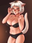  adjusting_eyewear animal_ears bare_arms bare_shoulders black_bra black_panties bob_cut bra breasts cat_ears cat_tail cleavage collarbone cowboy_shot glasses green_eyes highres horiishi_horuto large_breasts looking_at_viewer navel original panties red-framed_eyewear short_hair solo tail tail_raised thighs underwear white_hair 