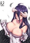  ahoge albedo areolae bangs bare_shoulders black_feathers black_hair black_wings blush breasts cleavage collarbone commentary_request covered_navel curled_horns demon_girl demon_horns demon_wings detached_collar dress dress_pull eyebrows_visible_through_hair feathered_wings gloves hair_between_eyes highres horns horror_cat large_breasts long_hair looking_at_viewer low_wings nipple_slip nipples overlord_(maruyama) pink_lips slit_pupils smile solo upper_body very_long_hair white_dress white_gloves wings yellow_eyes 
