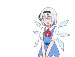  black_hairband blue_dress blush bow cirno cirno_(cosplay) cosplay dress evandragon hairband ice ice_wings konpaku_youmu puffy_short_sleeves puffy_sleeves red_bow red_ribbon ribbon short_hair short_sleeves silver_hair simple_background solo sweatdrop touhou white_background wings 