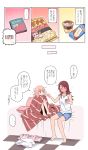 ... 2girls :t bang_dream! barefoot blanket blush box boxers character_print checkered checkered_floor chips clothes_on_floor comic commentary_request condom_box feeding flying_sweatdrops food full-face_blush holding medium_hair messy_hair michelle_(bang_dream!) multiple_girls on_bed pillow pink_hair popsicle pout pudding re_ghotion red_hair shirt shirt_removed sitting sitting_on_bed sleeveless sleeveless_shirt snack spoken_blush spoken_ellipsis spoken_sweatdrop sweatdrop translation_request u_u udagawa_tomoe uehara_himari undershirt underwear v-shaped_eyebrows white_shirt yuri 