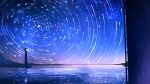  highres horizon ladder lighthouse night night_sky no_humans ocean original outdoors scenery sky smile_(qd4nsvik) star_(sky) star_trail starry_sky 