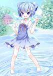 absurdres barefoot blue_eyes blue_hair blurry blush bob_cut bow choko_(mixberry_parfait) cirno depth_of_field dress hair_bow hand_on_hip hand_up highres hill house ice ice_wings index_finger_raised lake looking_at_viewer magic neck_ribbon open_mouth pigeon-toed ribbon ripples scarlet_devil_mansion short_hair sketch sky smile solo standing standing_on_liquid touhou wings 