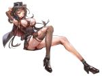  ahoge armpits arms_behind_head ass bangs belt blunt_bangs blush braid breasts brown_gloves brown_hair brown_legwear buckle cleavage cloak commentary_request damaged dsr-50_(girls_frontline) elbow_gloves eyebrows_visible_through_hair fang girls_frontline gloves hair_ornament hat high_heels highres large_breasts long_hair looking_at_viewer muloli necktie one_eye_closed pouch red_eyes sidelocks simple_background single_sock single_thighhigh sitting skindentation skirt smile socks solo strap taut_clothes thigh_strap thighhighs thighs torn_clothes torn_legwear underboob underbust very_long_hair white_background 
