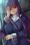  asagami_fujino bangs blue_dress breasts dress fate/grand_order fate_(series) hand_on_own_face highres japanese_clothes kara_no_kyoukai long_hair long_sleeves purple_hair red_eyes school_uniform skywalker0610 solo 