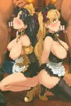  2girls absurdres alternate_costume apron areolae arms_behind_back asymmetrical_legwear bangs bar_censor black_dress black_legwear blonde_hair blush breasts breasts_outside censored cum cum_in_clothes cum_in_mouth cum_on_body cum_on_breasts cum_on_upper_body cumdrip dress enmaided ereshkigal_(fate/grand_order) fate/grand_order fate_(series) fellatio from_side gold_trim group_sex hair_grab hetero high_heels highres incredibly_absurdres indoors ishtar_(fate/grand_order) jewelry kneeling long_hair looking_at_another maid maid_apron maid_headdress medium_breasts multiple_boys multiple_girls multiple_penises nipples oral orange_maru orgy parted_bangs penis red_eyes scan spread_legs squatting testicles thighhighs thighs two_side_up waist_apron wavy_hair yang-do 