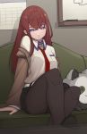  belt black_legwear breasts brown_hair collared_shirt couch jacket lily_tran long_hair long_sleeves looking_at_viewer makise_kurisu medium_breasts necktie off_shoulder pantyhose pantyhose_under_shorts purple_eyes shirt short_shorts shorts sitting solo steins;gate straight_hair upa_(steins;gate) whiteboard 