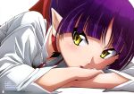  absurdres bangs blush bow choker close-up eyebrows_visible_through_hair eyelashes eyes_visible_through_hair gegege_no_kitarou gem hair_bow highres jewelry lips lipstick long_sleeves looking_at_viewer lying magazine_request magazine_scan makeup nekomusume nekomusume_(gegege_no_kitarou_6) official_art parted_bangs parted_lips pendant purple_hair red_choker red_lipstick scan shimizu_sorato short_hair simple_background solo white_background yellow_eyes 
