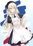  alternate_costume apron aqua_eyes blonde_hair commentary_request detached_collar french_flag headdress kantai_collection long_hair mikage_takashi richelieu_(kantai_collection) smile solo twitter_username 