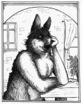  1995 anthro bd black_and_white border canine hand_on_chin looking_at_viewer male mammal monochrome pen_(artwork) slightly_chubby solo thinking traditional_media_(artwork) wolf 