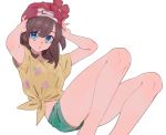  arms_up beanie black_hair blue_eyes floral_print hat highres itou_(very_ito) mizuki_(pokemon) open_mouth pokemon pokemon_(game) pokemon_sm shirt short_shorts short_sleeves shorts simple_background solo texture tied_shirt white_background 