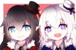  alternate_color black_hair demon_girl elsword eyebrows_visible_through_hair fang hat heart luciela_r._sourcream luruko61 multiple_girls smile star star-shaped_pupils symbol-shaped_pupils white_hair 