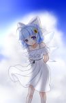  absurdres ahoge alternate_costume backlighting blue_eyes blue_hair blush bow cirno cloud commentary dress fang frilled_dress frills hair_bow highres ice ice_wings leaning_forward looking_at_viewer mofu_mofu see-through_silhouette sky sleeveless sleeveless_dress smile solo touhou white_dress wings 