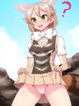  ? animal_ears black-backed_jackal_(kemono_friends) blush bow bowtie brown_hair cameltoe commentary_request covered_nipples elbow_gloves extra_ears eyebrows_visible_through_hair gloves green_eyes highres jackal_ears jackal_tail kemono_friends lifted_by_self multicolored_hair open_mouth panties pink_panties shirt short_hair short_sleeves skirt smile solo totokichi underwear white_shirt 