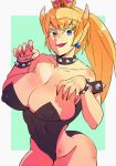  1girl bare_shoulders blonde_hair blue_eyes bowsette bracelet breasts cleavage collar crown earrings fang horns jewelry large_breasts mario_(series) nail_polish new_super_mario_bros._u_deluxe nintendo open_mouth pointy_ears solo spiked_bracelet spiked_collar spikes super_crown 