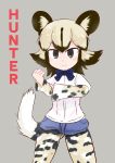  1girl african_wild_dog_(kemono_friends) animal_ears black_eyes blonde_hair blue_neckwear blue_shorts blush bow bowtie brown_hair clenched_hand cowboy_shot denim denim_shorts dog_ears dog_tail english_text eyebrows_visible_through_hair female fuji_takanasu grey_background hands_up highres kemono_friends legs_apart light_blush long_sleeves looking_at_viewer multicolored_hair pantyhose shiny shiny_hair shirt short_hair short_over_long_sleeves short_shorts short_sleeves shorts simple_background smile solo standing tail torn_clothes torn_shorts two-tone_hair white_shirt 