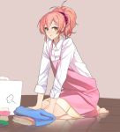  apron barefoot blush folding_clothes full_body housewife idolmaster idolmaster_cinderella_girls jougasaki_mika k52 kneeling looking_at_viewer on_floor pink_hair pleated_skirt ponytail scrunchie shirt skirt sleeves_folded_up smile solo yellow_eyes 