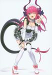  ;d absurdres alternate_costume asymmetrical_horns bent_over boots bow breasts choker cleavage corset curled_horns detached_sleeves dragon_girl dragon_horns dragon_tail dress elizabeth_bathory_(fate) elizabeth_bathory_(fate)_(all) enmaided fangs fate/grand_order fate_(series) frilled_dress frills garter_straps grey_background hand_on_own_knee high_heels highres horns incredibly_absurdres knees_together_feet_apart long_hair looking_at_viewer maid maid_headdress nail_polish one_eye_closed open_mouth pink_bow pink_hair plaid plaid_skirt pointy_ears scan skirt small_breasts smile tail tail_bow thigh_boots thighhighs v white_sleeves yang-do 