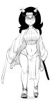  2018 anthro breasts cat clothed clothing dbaru digital_media_(artwork) ear_piercing eyewear feline female glasses hair katana long_hair looking_at_viewer mammal melee_weapon midriff monochrome navel piercing samurai sketch solo standing sword tomoe_ame usagi_yojimbo weapon 