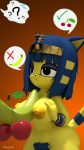  2019 3d_(artwork) animal_crossing ankha_(animal_crossing) anthro banana between_breasts big_breasts blue_hair breasts butt cherry digital_media_(artwork) domestic_cat egyptian felid feline felis female food fruit fur hair hi_res jewelry mammal nintendo nipples nude offscreen_character short_stack simple_background solo speech_bubble tahliansfm video_games wide_hips 