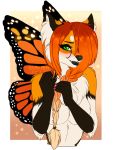  2018 anthro arthropod black_nose butterfly canine detailed_background digital_media_(artwork) ei-ka eyelashes female fox fur green_eyes hair hybrid insect looking_at_viewer mammal orange_hair solo white_fur 