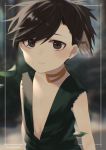  1girl :| absurdres androgynous black_eyes black_hair blurry blurry_background choker closed_mouth dororo_(character) dororo_(tezuka) flat_chest highres kiri_ph leaf looking_at_viewer messy_hair short_hair sleeveless solo twitter_username upper_body 