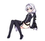  arm_belt benghuai_xueyuan black_dress black_footwear blue_eyes blush dress eyebrows_visible_through_hair full_body gloves honkai_impact juliet_sleeves kuro_(kuronell) leaning_back long_hair long_sleeves looking_at_viewer open_mouth puffy_sleeves side_slit silver_hair simple_background sitting solo theresa_apocalypse thighhighs white_background white_gloves wide_sleeves 