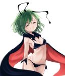  antennae arms_behind_back bangs bare_shoulders bikini black_bikini black_swimsuit breasts chikuwa_savi cloak commentary_request eyebrows eyebrows_visible_through_hair green_eyes green_hair looking_at_viewer navel ribs side-tie_bikini simple_background small_breasts smirk swimsuit thigh_gap thighs touhou white_background wriggle_nightbug 