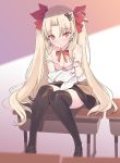  arm_grab bangs bare_shoulders between_legs black_footwear black_legwear black_skirt blade_(galaxist) blonde_hair blush bra bra_pull breasts cleavage closed_mouth collarbone commentary_request crown_hair_ornament desk ereshkigal_(fate/grand_order) eyebrows_visible_through_hair fate/grand_order fate_(series) hair_between_eyes hair_ornament hair_ribbon hand_between_legs loafers long_hair long_sleeves looking_at_viewer nose_blush off_shoulder on_desk parted_bangs pink_bra red_eyes red_ribbon ribbon school_desk shirt shoes sitting sitting_on_desk skirt sleeves_past_wrists small_breasts solo thighhighs two_side_up underwear very_long_hair wavy_mouth white_shirt 