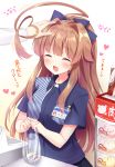  ^_^ ^o^ ahoge alternate_costume blue_shirt brown_hair closed_eyes commentary_request employee_uniform eyebrows_visible_through_hair fang heart heart_ahoge highres huge_ahoge kantai_collection kuma_(kantai_collection) lawson long_hair masayo_(gin_no_ame) name_tag open_mouth shirt short_sleeves smile solo_focus striped striped_shirt translated uniform vertical-striped_shirt vertical_stripes 