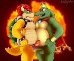  2018 anthro balls bowser cape claws clothing cock_ring collar crown donkey_kong_(series) duo erection hair horn king_k_rool male male/male mario_bros nintendo penis piercing red_eyes red_hair reptile scalie sharp_teeth side_view spiked_collar spikes teeth video_games walter9433 