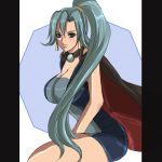  1girl bare_arms black_border blue_hair blush border breasts cape choker cleavage creatures_(company) earrings game_freak grey_eyes gym_leader hair_between_eyes high_ponytail ibuki_(pokemon) jewelry large_breasts light_smile lips long_hair nintendo pearl pokemon pokemon_(game) pokemon_hgss ponytail sitting solo 