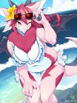 &lt;3 2018 4_fingers anthro bikini blue_tongue blush breasts cheek_tuft chest_tuft clothed clothing dragon eyelashes eyewear female flower flower_in_hair forward frill front_view fur furred_dragon hair hair_between_eyes hi_res horn kame_3 leaning looking_at_viewer membranous_wings navel nipple_bulge one_eye_closed outside pawpads pink_fur plant red_eyes red_fur red_hair seaside slightly_chubby solo sunglasses swimsuit tongue tongue_out tuft wings wink 