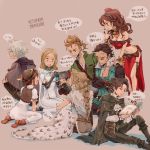  armor bag blonde_hair bracelet braid brown_hair cape cloak controller cyrus_(octopath_traveler) dancer dress fringe_trim game_console game_controller gloves h'aanit_(octopath_traveler) handheld_game_console hat irono16 jacket jewelry joy-con long_hair multiple_boys multiple_girls navel necklace nintendo_switch octopath_traveler olberic_eisenberg open_mouth ophilia_(octopath_traveler) playing_games ponytail primrose_azelhart scar short_hair simple_background smile therion_(octopath_traveler) translation_request tressa_(octopath_traveler) 