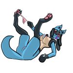  anthro anus blue_fur blush breasts butt canine clothing condom condom_in_mouth female fur hi_res looking_at_viewer lucario mammal nintendo nipples panties panties_around_one_leg pok&eacute;mon pok&eacute;mon_(species) pussy red_eyes simple_background solo sossybritches_(artist) spread_legs spreading underwear underwear_around_one_leg video_games white_background 