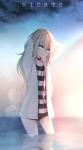  arms_behind_head artist_name black_shorts blonde_hair blue_eyes collarbone eyebrows_visible_through_hair hair_between_eyes highres jacket lens_flare long_hair looking_at_viewer nichts_(pixiv19636538) open_clothes open_jacket rachel_gardner satsuriku_no_tenshi shirt short_shorts shorts solo standing striped striped_shirt title translated very_long_hair wading white_jacket 