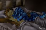  2012 aggathos_(amocin) amocin anthro aquatic_dragon bed breasts brown_fur claws digital_media_(artwork) dragon duo eyes_closed fangs female fin fur gull_(amocin) hair inside interspecies male male/female mammal mustelid nude on_bed open_mouth otter scalie sleeping tongue 