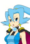  1girl :o bare_arms black_sugar blue_eyes blue_hair blush breasts cape creatures_(company) earrings female game_freak gym_leader hair_between_eyes high_ponytail ibuki_(pokemon) jewelry long_hair medium_breasts nintendo open_mouth pearl pokemon pokemon_(game) pokemon_hgss ponytail simple_background solo upper_body white_background 