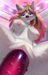  anthro breasts canine close-up dildo female junebuq mammal masturbation nipples nude open_mouth penetration pussy sex_toy smile solo spread_legs spreading vaginal vaginal_penetration 