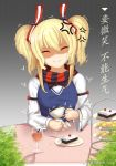  anger_vein blonde_hair breaking cake cup food glowworm_(zhan_jian_shao_nyu) looking_at_viewer plant plate scarf shaded_face solo_focus table teacup translated twintails weibo_username zhan_jian_shao_nyu 